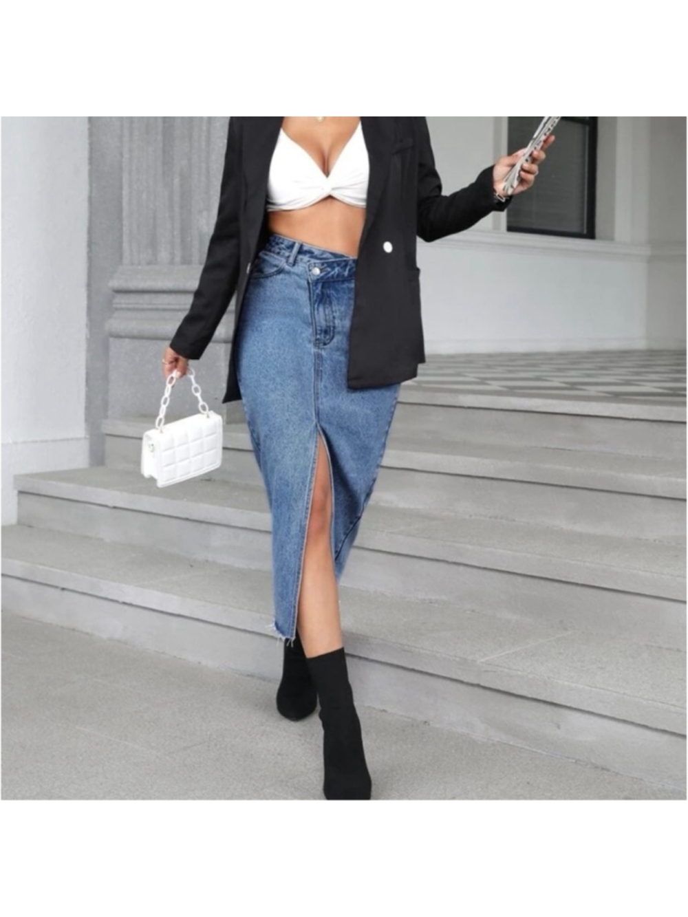 Women’s Medium High Waist Denim Midi Skirt Blue Asymmetrical Waist Front Slit - Picture 1 of 3